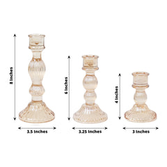 Set of 3 Amber Gold Ribbed Glass Taper Candlestick Holders, Fluted Crystal Candle Stands - 4", 6", 8"