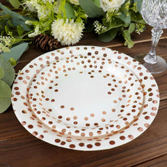 25 Pack 7" White Rose Gold Polka Dot Dessert Appetizer Paper Plates, Disposable Salad Party Plates - 300 GSM