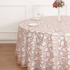 Tulle 120" Round Tablecloth Rose Gold - Seamless Sequin Leaf Embroidered Table Cover