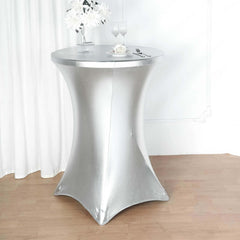 Metallic Spandex 32" Fitted Round Cocktail Table Cover Silver Highboy Tablecloth - Stretch Fit & Water-Resistant