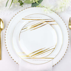 10-Pack Plastic 7" Round Dessert Plates in White with Gold Brush Stroked Print - Disposable Appetizer Salad Plates