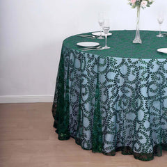 Tulle 120" Round Tablecloth Hunter Emerald Green - Seamless Sequin Leaf Embroidered Table Cover