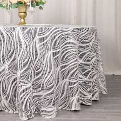Sequin Mesh 120" Round Tablecloth White Black - Seamless Wave Embroidered Table Cover