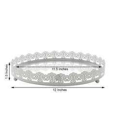 Metal Round Serving Tray 12" in White with Embellished Rims, Stylish Decorative Vanity Tray Centerpiece