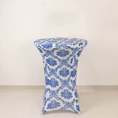 Spandex 24"-32" Round Cocktail Table Cover Royal Blue Damask Highboy Tables - Easy to Maintain Stretch Fitted Tablecloth