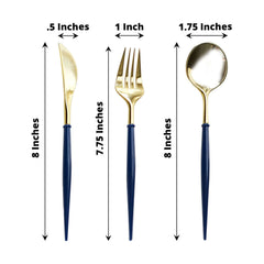 24-Pack Plastic Flatware Set in Metallic Gold with Royal Blue Handle - Heavy Duty Disposable Modern Silverware 8"