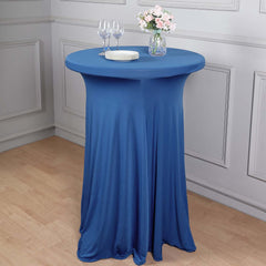 Spandex 32" Round Cocktail Table Cover Skirt Royal Blue With Natural Wavy Drapes