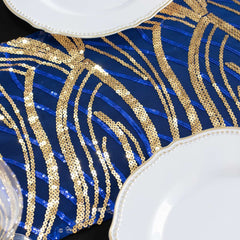 Sequin Mesh 12"x108" Table Runner Royal Blue Stylish Wave Embroidery