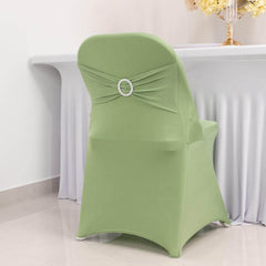Stretch Spandex Chair Cover Sage Green for Folding Chairs - Secure Fit Slipcover with Silver Rhinestone Buckled Sash Band