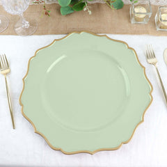 6-Pack Acrylic Round Charger Plates 13" in Sage Sage Green with Gold Scalloped Rim, Decorative Dinner Party Plastic Charger Tableware