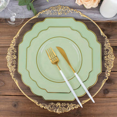 10-Pack Plastic Dessert Appetizer Plates in Sage Green Baroque Design with Scalloped Gold Rim - Heavy Duty Disposable Salad Plates 8"