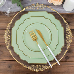 10-Pack Plastic Dinner Plates in Sage Green Baroque Design with Scalloped Gold Rim - Heavy Duty Disposable Party Plates 11"