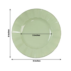 10-Pack Plastic 9" Round Dinner Plates in Sage Green Ruffled Rim with Gold Edging - Sturdy Disposable Dinnerware