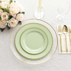 10-Pack Sage Green Plastic Dessert Plates – 8" Round with Gold Beaded Rim, Disposable for Parties & Events