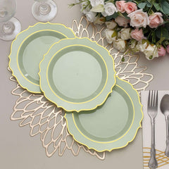 10-Pack Plastic 8" Round Desert Plates in Sage Green with Gold Scalloped Rim - Disposable Appetizer/Salad Plates