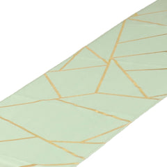 Polyester 9ft Table Runner Sage Green with Gold Foil Modern Geometric Accent