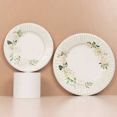 25-Pack Paper 8" Round Dessert Plates in White with Sage Green Floral Print & Lined Rim - Disposable Appetizer Salad Party Plates for Garden Celebrations & Springtime Gatherings