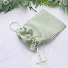 12 Pack 6"x9" Sage Green Satin Wedding Party Favor Bags, Drawstring Pouch Gift Bags