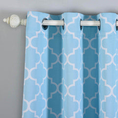 2 Pack Blue White Lattice Room Darkening Blackout Curtain Panels With Grommet, Designer Trellis Curtains 52"x64" - Clearance SALE