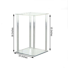 Acrylic Flower Vase Pillar Stand with Square Mirror Base Clear - Stylish Wedding Table Centerpiece 16"