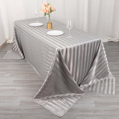 Satin Striped 90"x132" Rectangular Tablecloth Silver Satin Stripe - Seamless Silky Smooth Table Cover