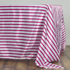 Satin 60"x126" Rectangle Tablecloth White/Fuchsia - Stripe Design with Smooth Finish Table Cover