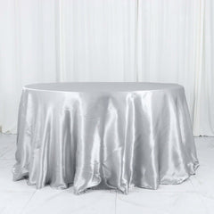Satin 132" Round Tablecloth Silver - Stylish Seamless Table Cover
