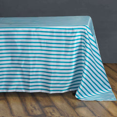 Satin 60"x126" Rectangle Tablecloth White/Turquoise - Stripe Design with Smooth Finish Table Cover