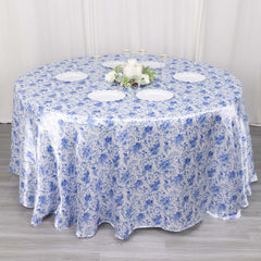 Satin Round 120" Tablecloth White/Blue French Toile Design - Seamless Stylish & Wrinkle-Resistant Table Cover