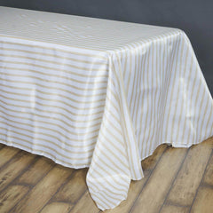 90"x156" White Champagne Seamless Stripe Satin Rectangle Tablecloth for 8 Foot Table With Floor-Length Drop