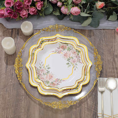 25-Pack Paper 10" Dinner Plates in White with Floral Print & Gold Scallop Rim - Disposable 300GSM Party Plates for Cocktail Events & Receptions
