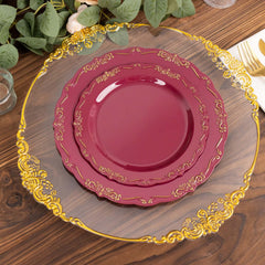 10-Pack Plastic 7" Round Dessert Plates in Burgundy with Gold Vintage Embossed Rim - Sturdy Disposable Scalloped Edge Salad Plates