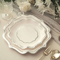 25-Pack Paper Dinner Plates in White with Silver Scallop Rim - Disposable 300GSM Party Plates 10"