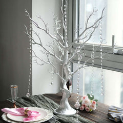 Manzanita Tree Centerpiece Metallic SIlver with 8 Acrylic Bead Chains - Easy Assembly Decorative Artificial Tree for Modern Weddings Parties & Event Displays 34"