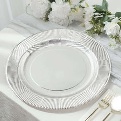 25-Pack Paper 10" Round Dinner Plates in Metallic Silver Sunray Design - Disposable Heavy Duty 350GSM Party Plates