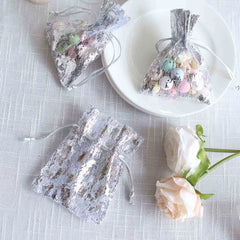 12 Pack Metallic Silver Foil Polyester Drawstring Candy Bags, Wedding Party Favor Bags - 4"x5"