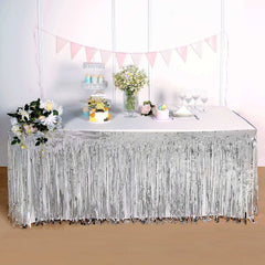 Metallic Foil Fringe Table Skirt Silver with Self Adhesive Backing - Durable Tinsel Skirt for Parties 30"x9ft