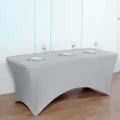 Stretch Spandex 96"x30" Rectangle Table Cover Silver - Durable Form-Fitting Tablecloth