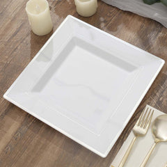 10-Pack Plastic Dinner Plates White Square with Silver Trim - Lightweight Disposable Plates for Events 10"