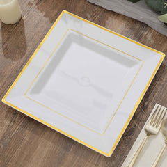 10-Pack Plastic Dinner Plates White Square with Gold Trim - Lightweight Disposable Plates for Events 10"