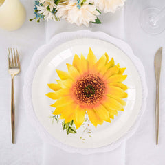 25-Pack Paper 9" Round Dinner Plates in White with Sunflower Design - Disposable Party Plates for Rustic Events & Garden Themes