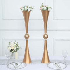 2 Pack 31" Shiny Gold Crystal Embellishment Trumpet Flower Vase, Reversible Plastic Table Centerpiece