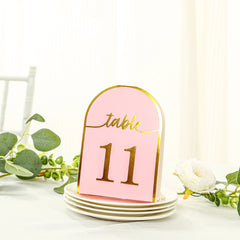 25-Pack Paper Wedding Table Numbers 1-25 Blush Arch Cutout Design - Sleek & Modern Free Standing Double Sided Table Tent Cards with Metallic Gold Foil Numbers 7"