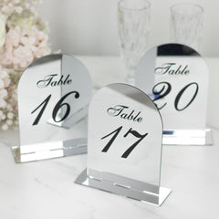 Silver Mirror Arch Acrylic Table Numbers (11-20) - 6"x7" Wedding Reception Signs with Black Print & Stands