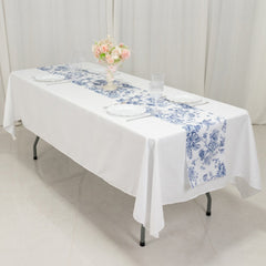 Polyester Table Runner 12"x108" White with Blue French Toile Floral Print - Stylish Reusable Table Décor