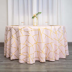 Polyester 120" Round Tablecloth Blush with Gold Foil Geometric Pattern Wrinkle-Resistant Seamless Table Cover