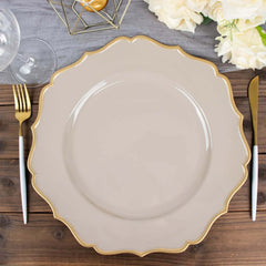 6-Pack Acrylic Round Charger Plates 13" in Taupe with Gold Scalloped Rim, Decorative Dinner Party Plastic Charger Tableware