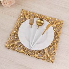 6-Pack Acrylic Square Charger Plates 12" in Gold with Hollow Lace Border, Event Tabletop Decorative Charger Tableware