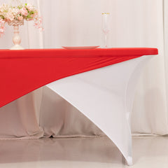 Stretch Spandex 72"x30" Rectangle Table Cover Red/White Cross Over Design - Versatile & Sleek Two-Piece Fitted Tablecloth with Elastic Foot Pockets