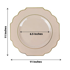 10-Pack Plastic Dinner Plates in Taupe Baroque Design with Scalloped Gold Rim - Heavy Duty Disposable Party Plates 11"